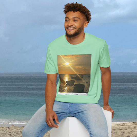 Mint Golden Harbor Sunset T-Shirt featuring original Caribbean photography of boats on the ocean at sunset