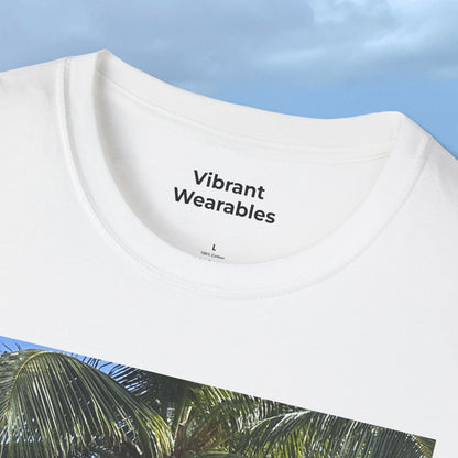 Close-up of the white Coconut Tree T-shirt’s crew neckline and Vibrant Wearables inside label, with part of the coconut palm photograph visible below.