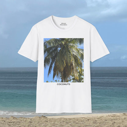 Front view of a white Coconut Tree T-shirt with a coconut palm photograph and “COCONUTS” printed beneath the image.
